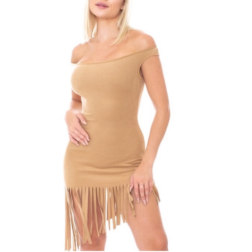 Tan Off-Shoulder Fringe Dress